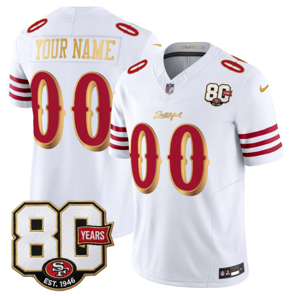 Men's White Gold San Francisco 49ers Active Player Custom 80th Anniversary Patch “Rivalries” 2026 F.U.S.E. Vapor Untouchabl Limited Stitched Football Jersey